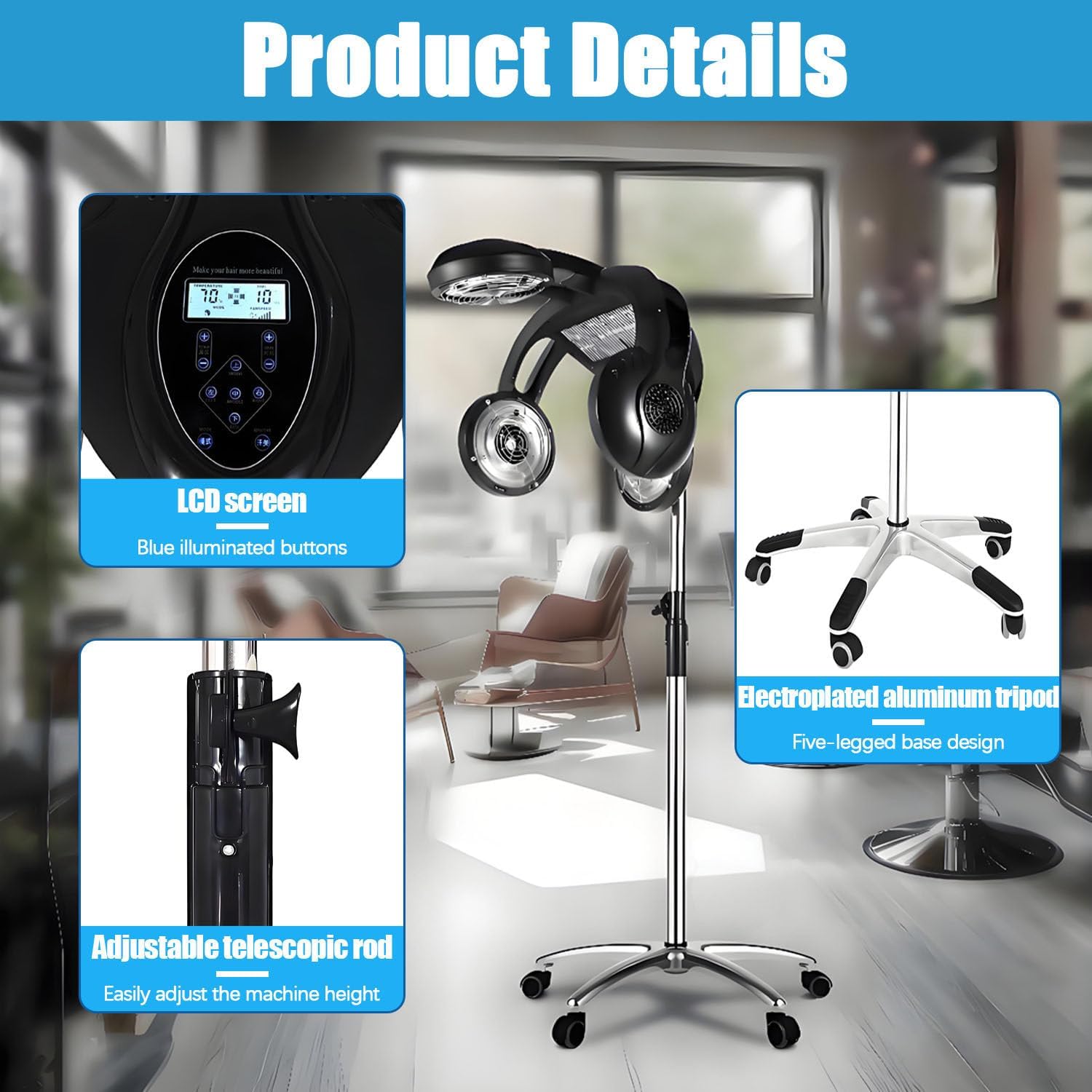 Multifunctional 1500W Salon Hair Dryer &amp; Steamer with 5 Heating Heads